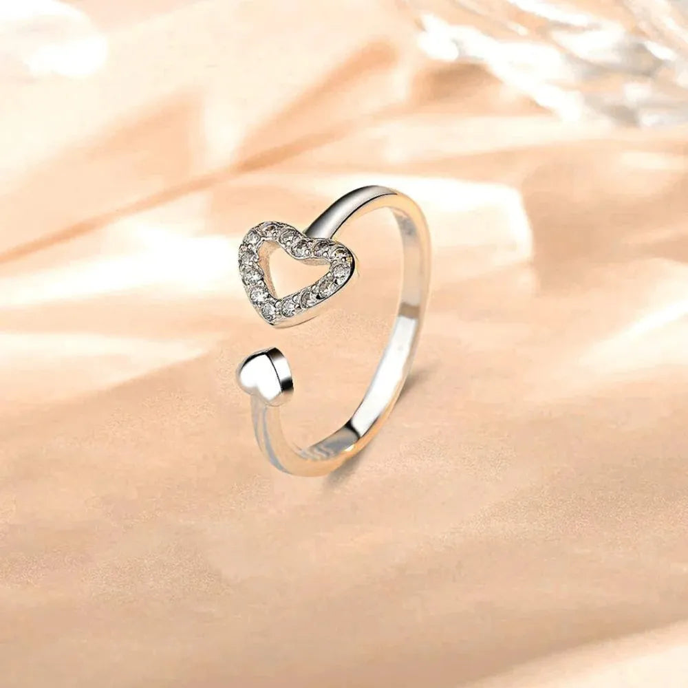Sterling Silver Inlaid Zircon Heart Open Ring - alternate ring view