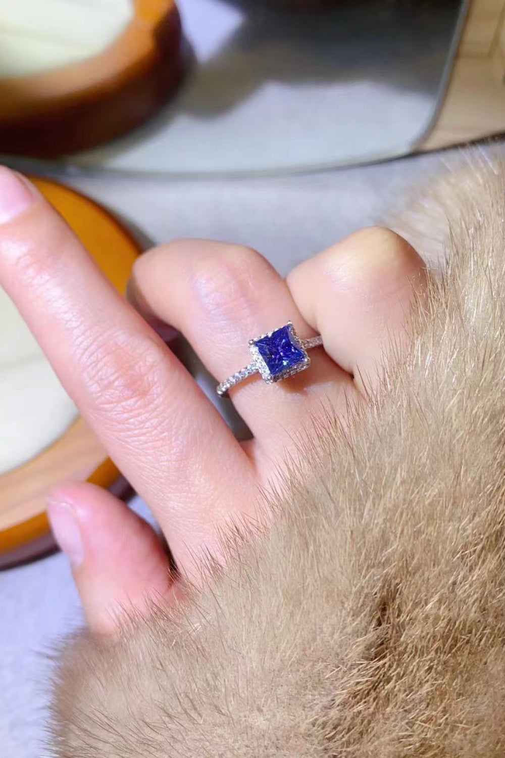 1 Carat Moissanite Sterling Silver Square Ring in Blue - women's ring