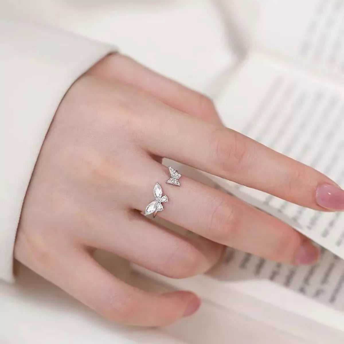 Sterling Silver Zircon Butterfly Open Ring in Silver - women's open ring