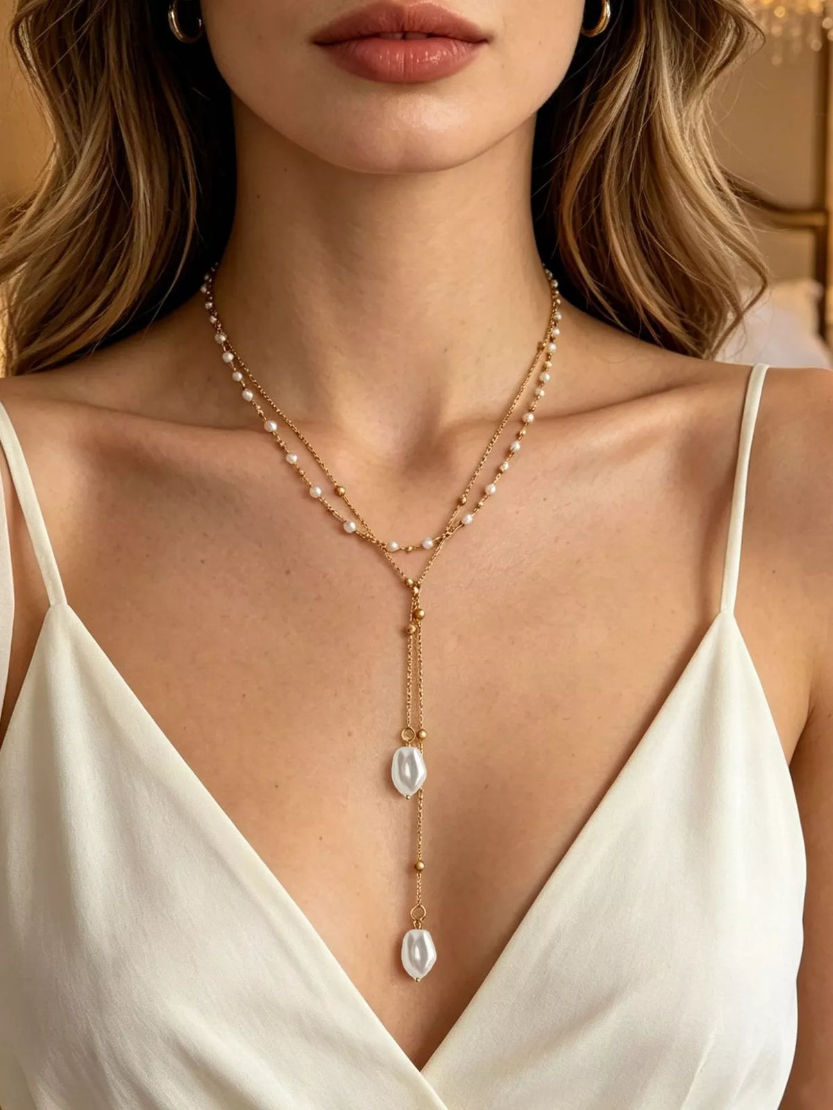 Elegant Layered Y-Shaped Pearl Pendant Necklace - alternate necklace view