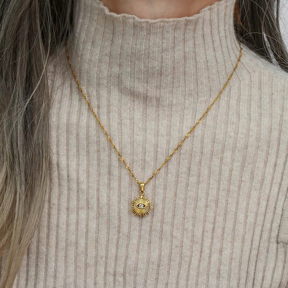 18K Gold-Plated Evil Eye Sunburst Pendant Necklace - alternate necklace view