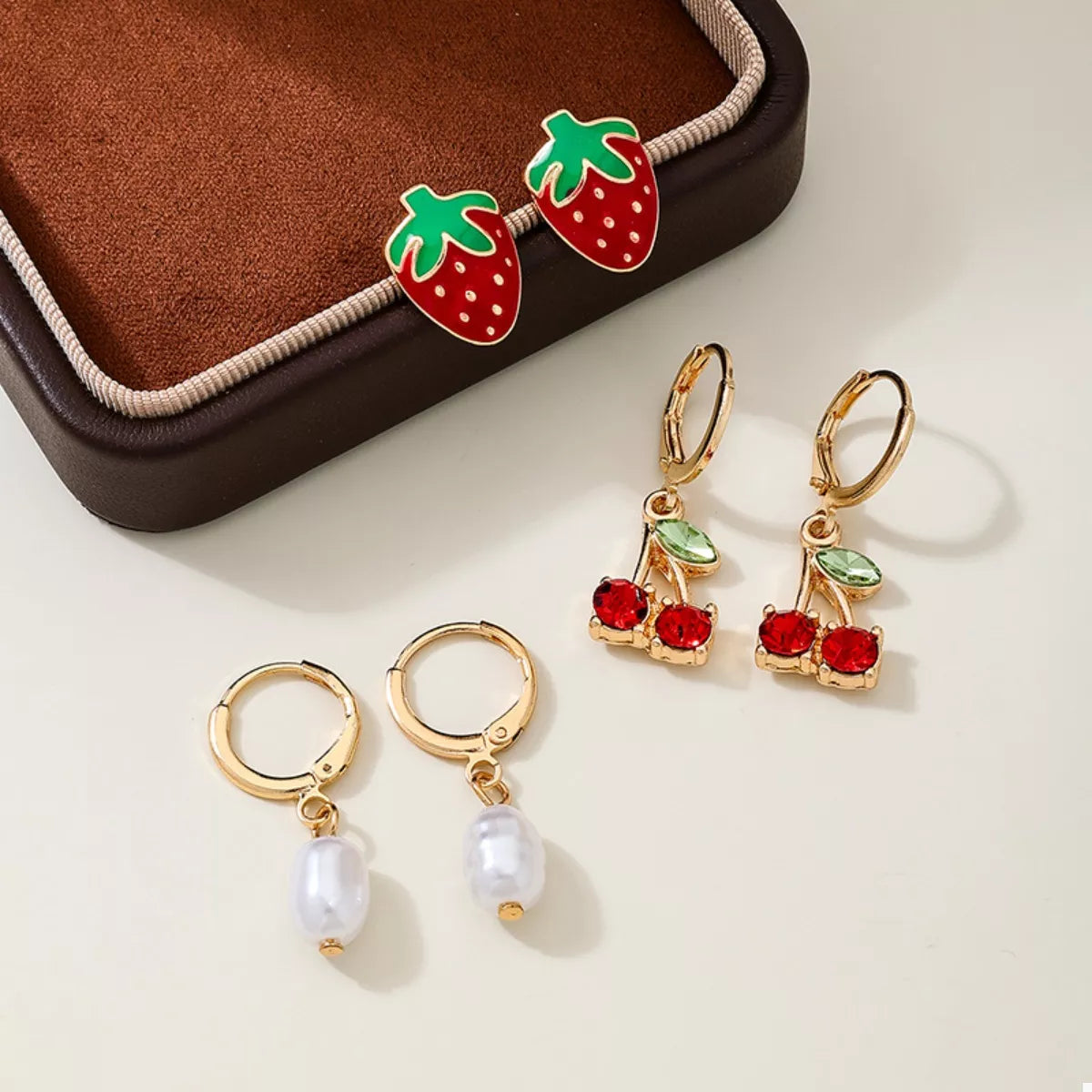 3 Piece 18K Gold-Plated Strawberry Cherry and Pearl Earrings in Gold - women's earrings