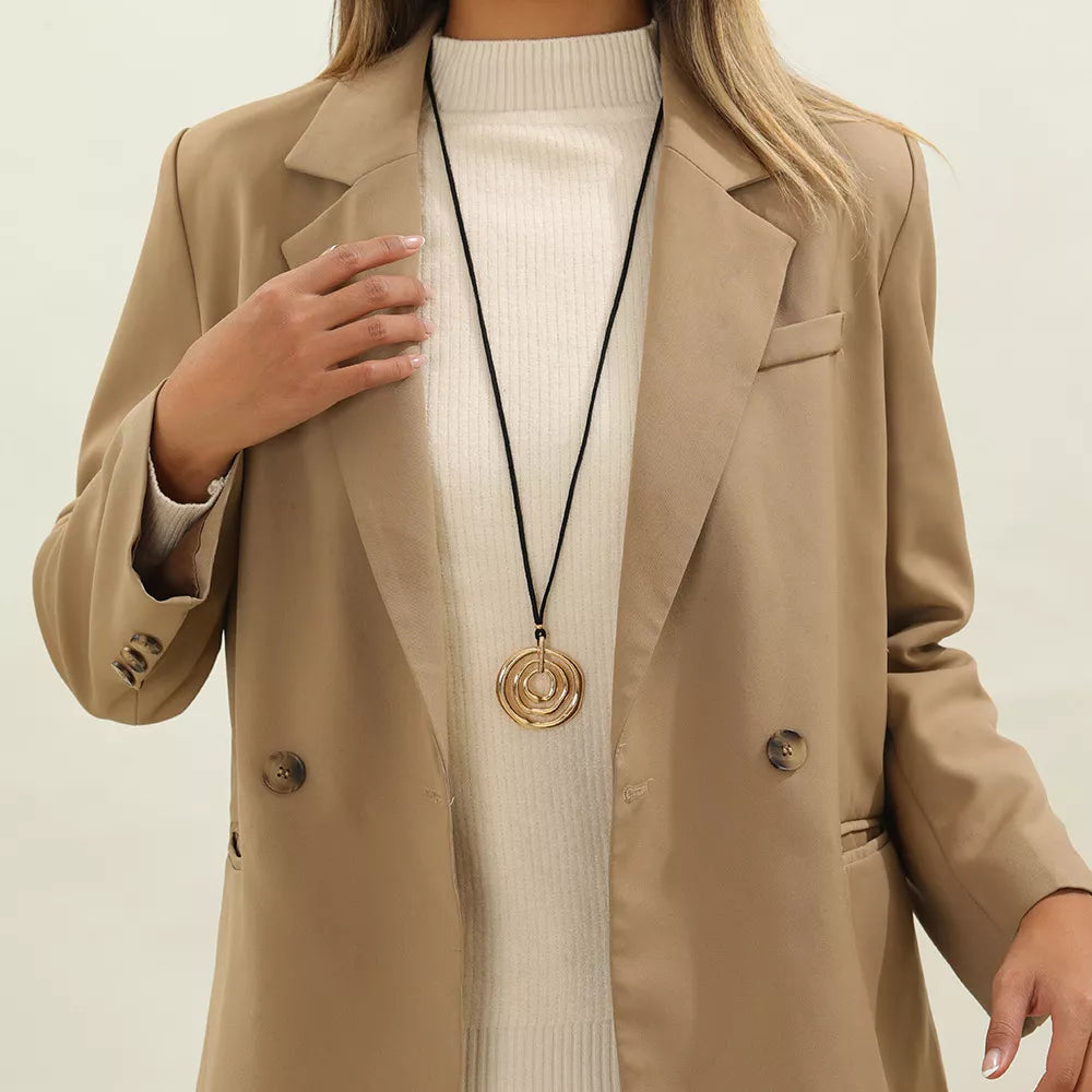 Minimalist Geometric Gold-Tone Pendant Long Necklace with Black Cord - alternate necklace view
