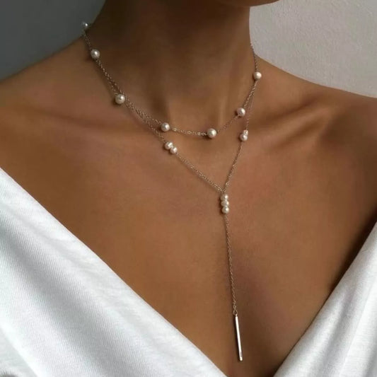 Double Layered Pearl Y-Shaped Necklace - alternate necklace view