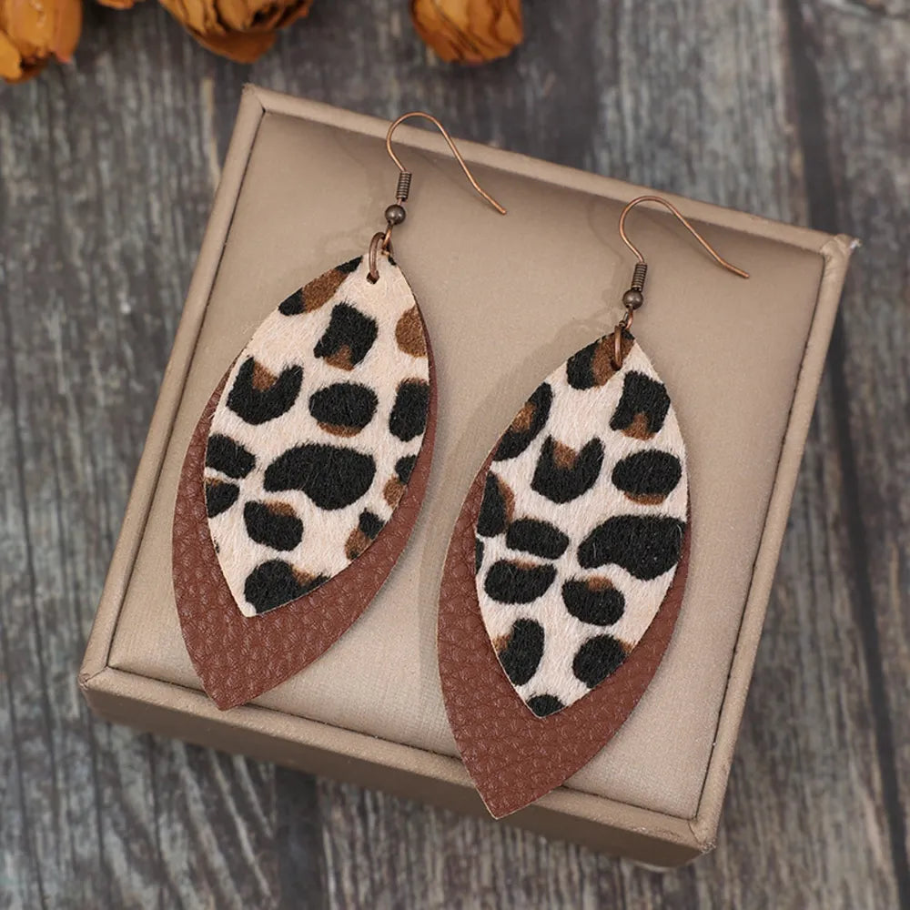 Leaf Shape Leather Dangle Earrings - alternate earring view