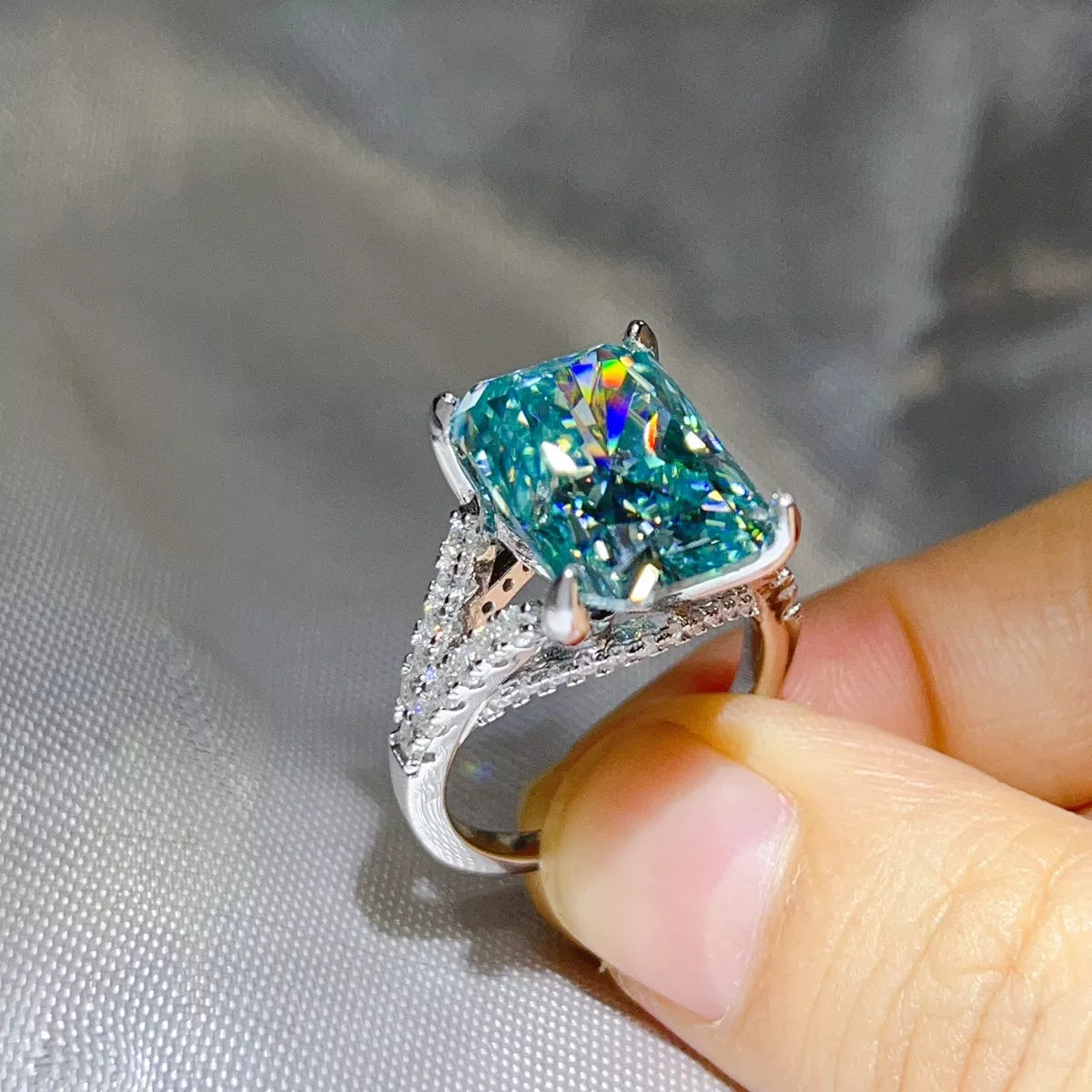 10 Carat Sterling Silver Moissanite Ring in Mint Blue - women's ring