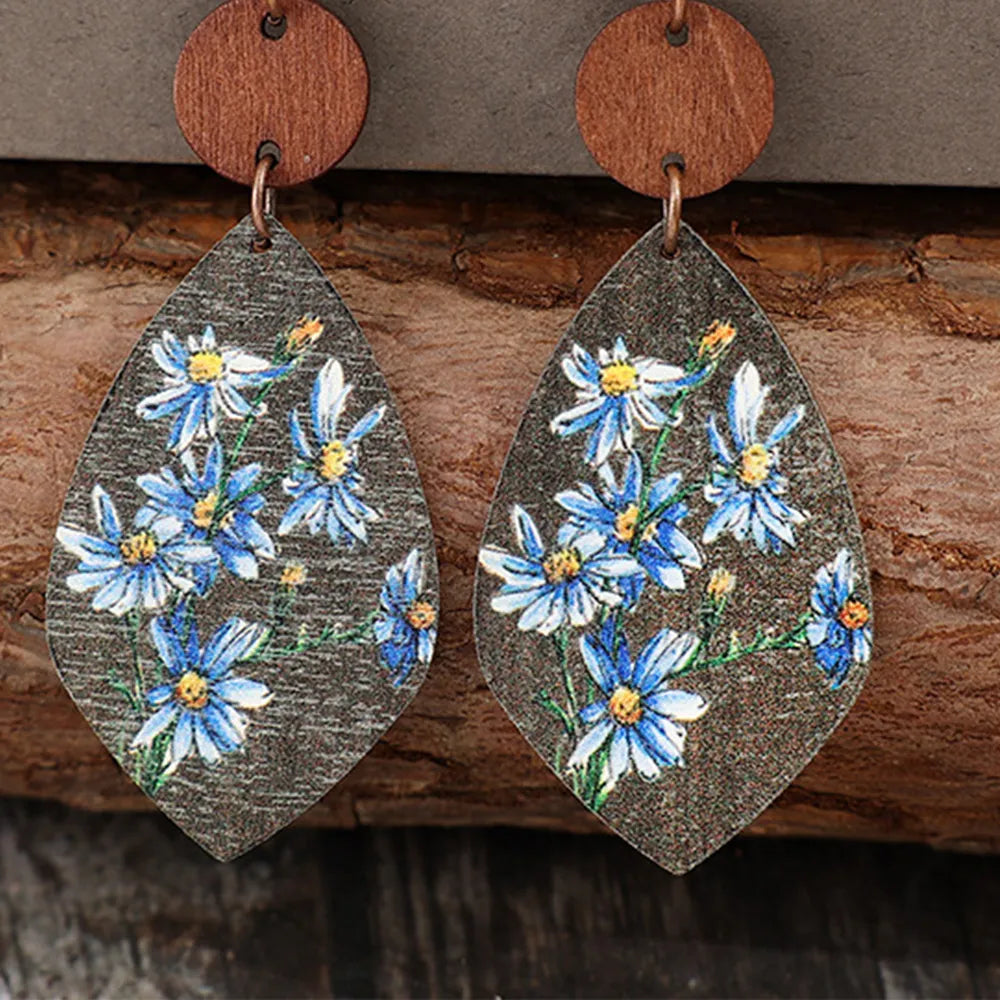 Flower Geometric Shape Wooden Earrings - alternate earring view