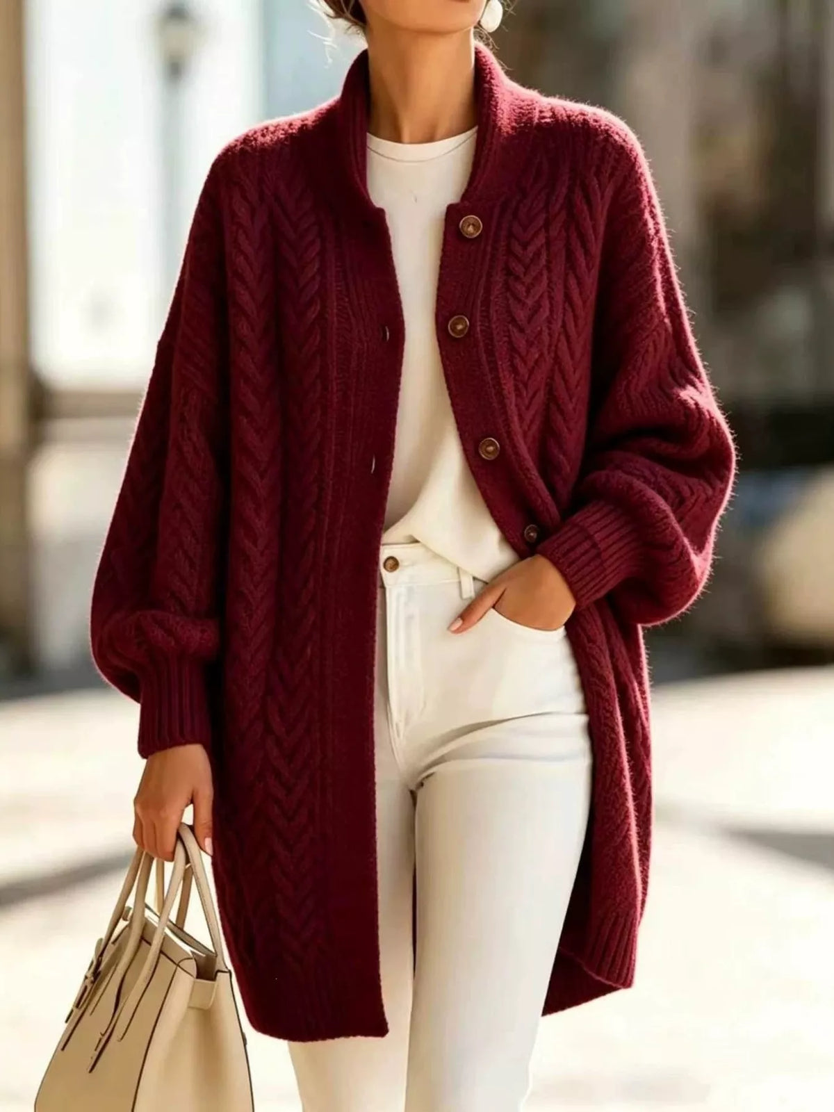 Cable-Knit Button-Down Cardigan in Cream - women's cardigan