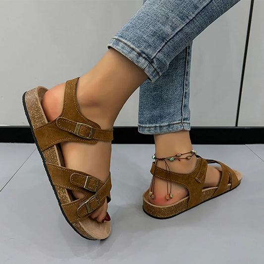 Open-Toe Flat Buckle Sandals in Black - women's flat sandals