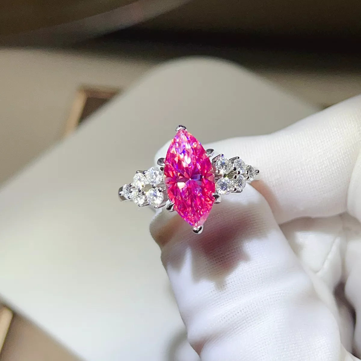 5 Carat Sterling Silver Moissanite Ring in Hot Pink - women's ring