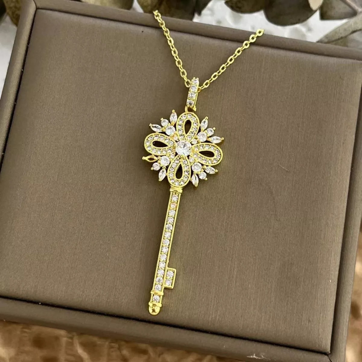18K Gold-Plated Zircon Key Pendant Necklace in Dusty Blue - women's pendant necklace