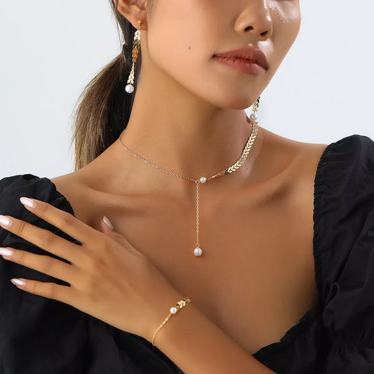 Wheat‑Spike Faux Pearl Necklace Bracelet Earrings 3‑Pcs Set - alternate necklace view