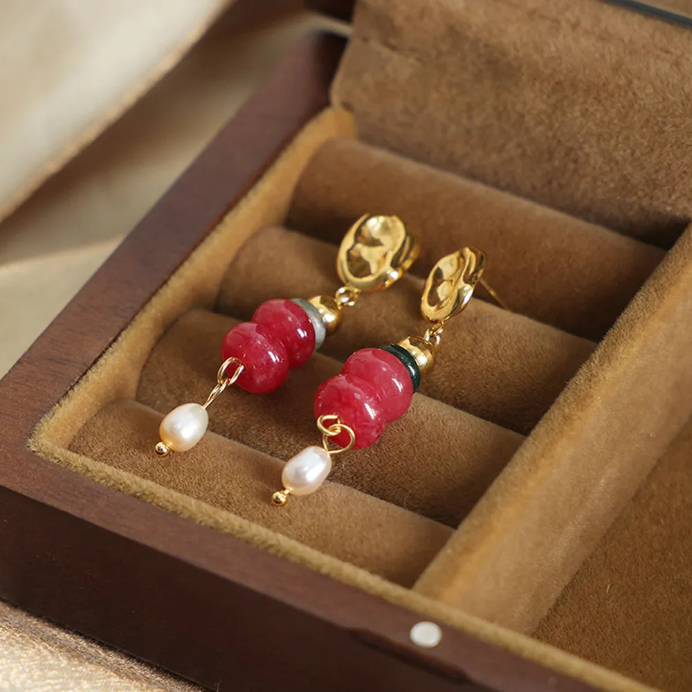 Natural Stone Freshwater Pearl Dangle Earrings - alternate earring view