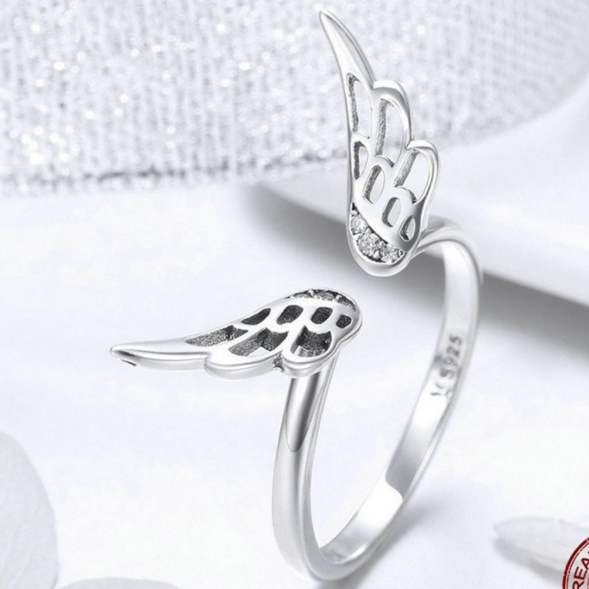 Sterling Silver Zircon Angel Wing Open Ring - alternate ring view