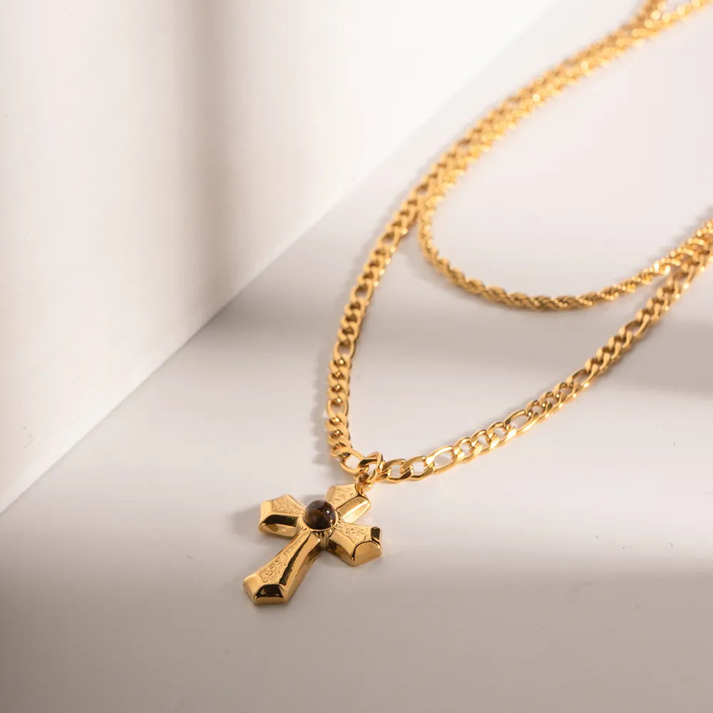 18K Gold-Plated Double Layered Cross Necklace - alternate necklace view