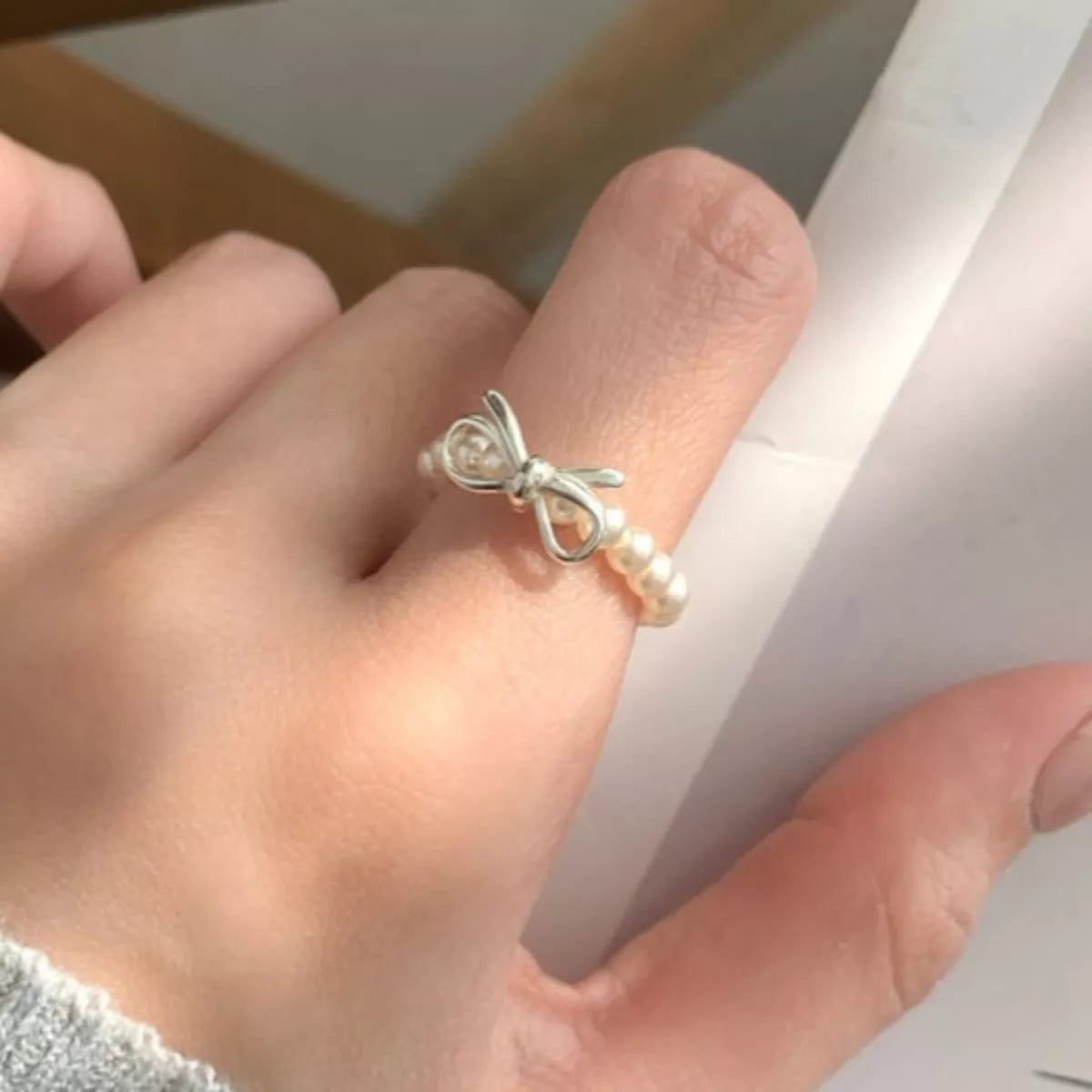 Bow Pearl Beaded Ring - alternate ring view