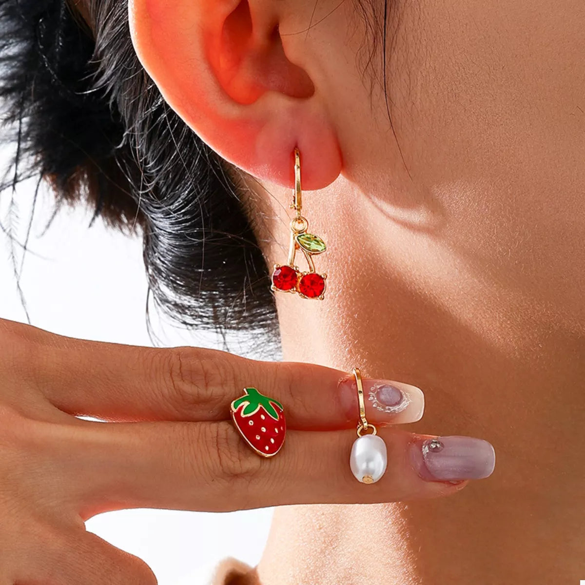 3 Piece 18K Gold-Plated Strawberry Cherry and Pearl Earrings - alternate earring view
