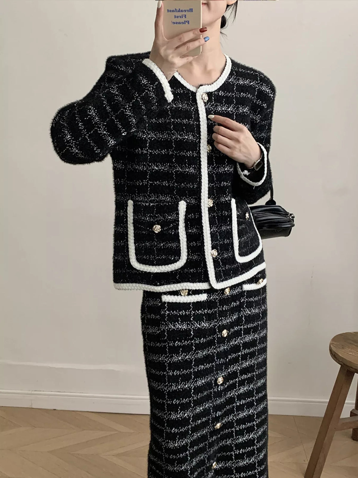 Tweed Contrast Trim Jacket and Skirt Set - alternate view