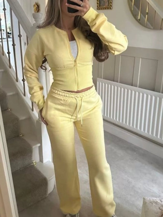 Zip-Up Crop Hoodie and High-Waisted Pants Set in Yellow - women's matching pants set