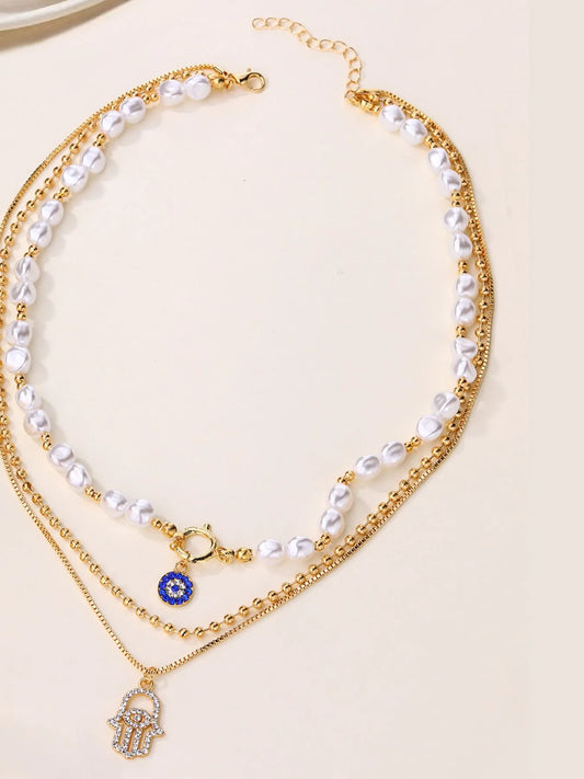 Layered Pearl Chain Evil Eye Hamsa Pendant Necklace - alternate necklace view