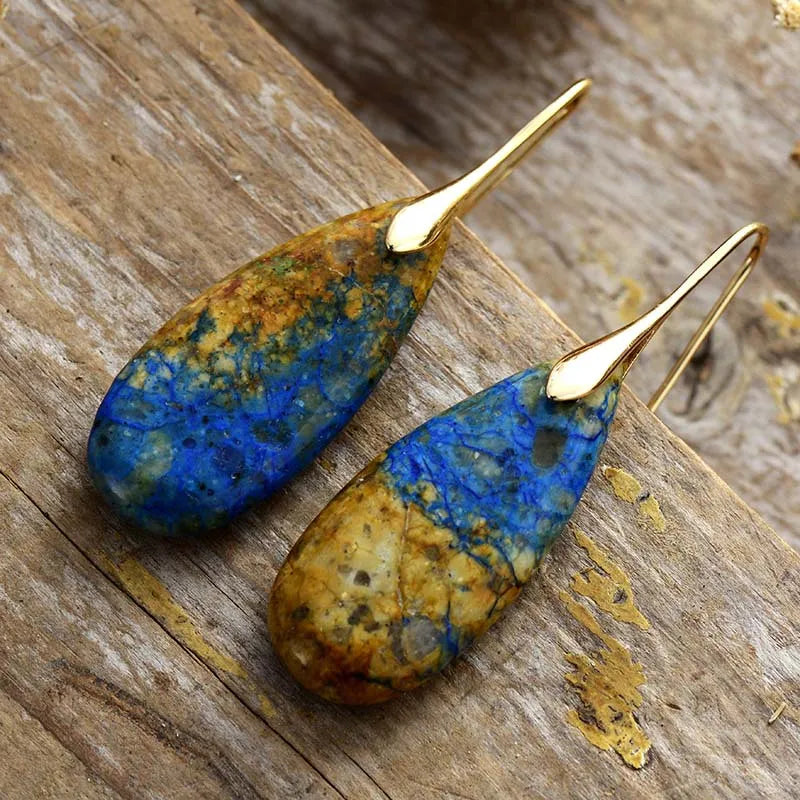 Teardrop Shape Natural Stone Dangle Earrings in Blue/Brown/Gold - women's dangle earrings