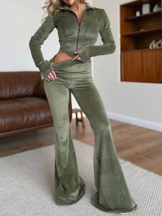 Zip-Up Crop Top and Flared Pants Two-Piece Set in Army Green - women's matching pants set