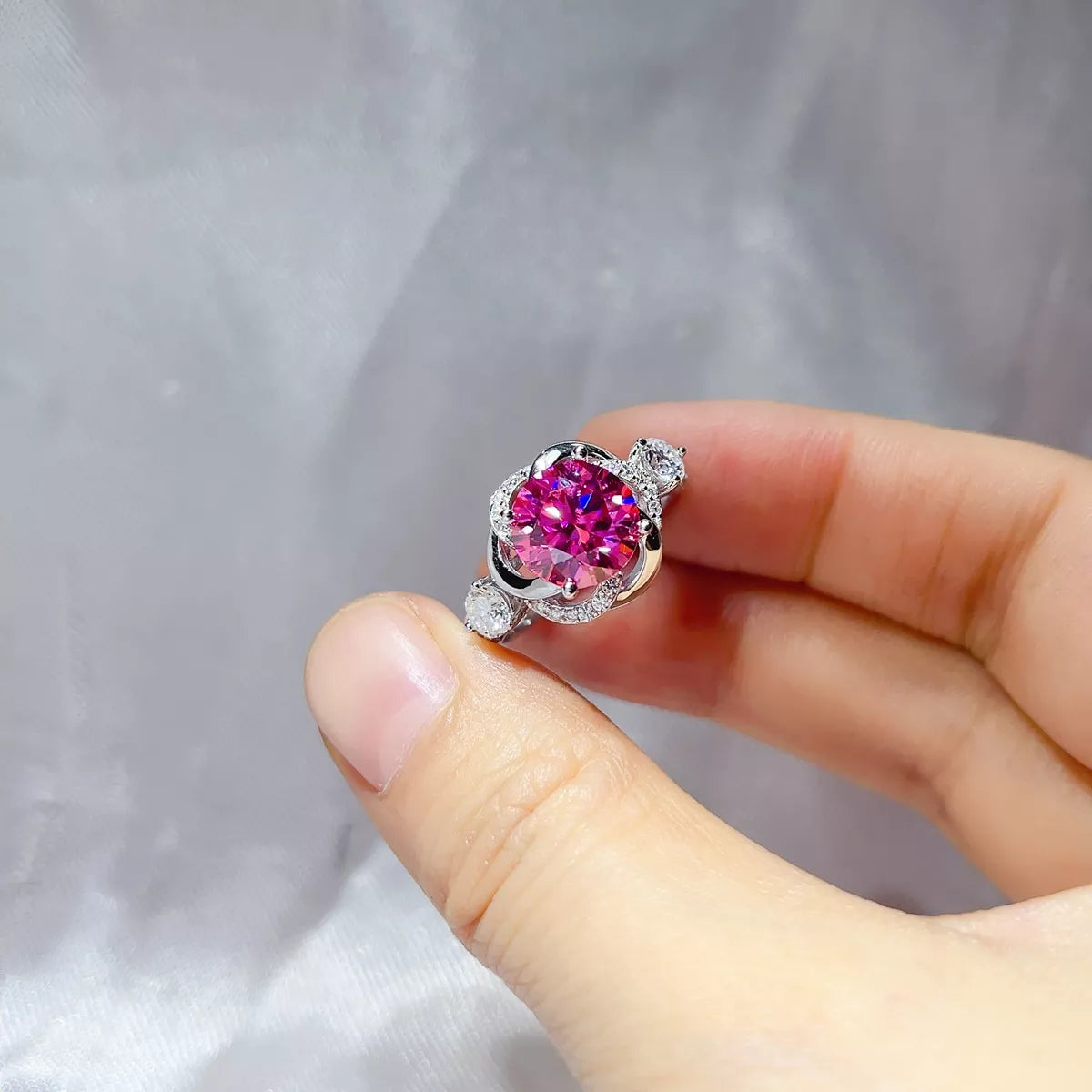 3 Carat Sterling Silver Moissanite Ring in Hot Pink - women's ring