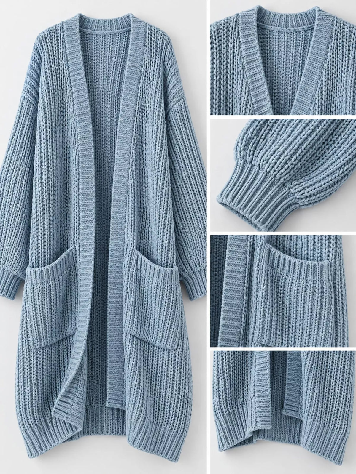 Chunky-Knit Openwork Front Longline Cardigan in Light Blue - women's cardigan