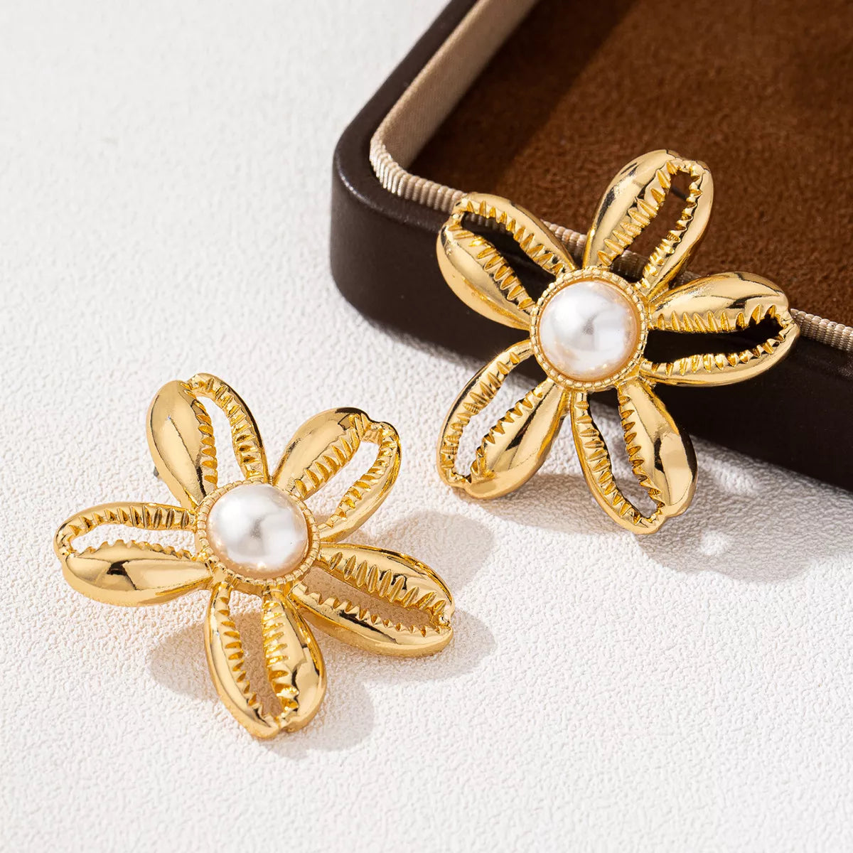 18K Gold-Plated Gold Flower Synthetic Pearl Stud Earrings - alternate earring view