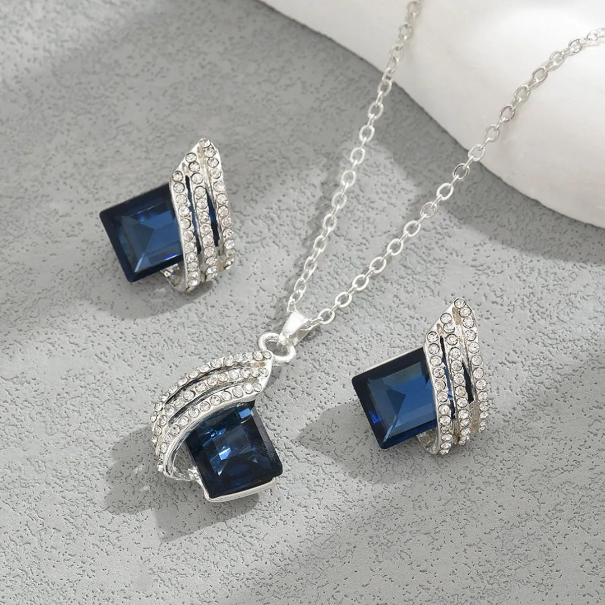 Stainless Steel Crystal Geometric Earrings and Necklace Set - alternate necklace view