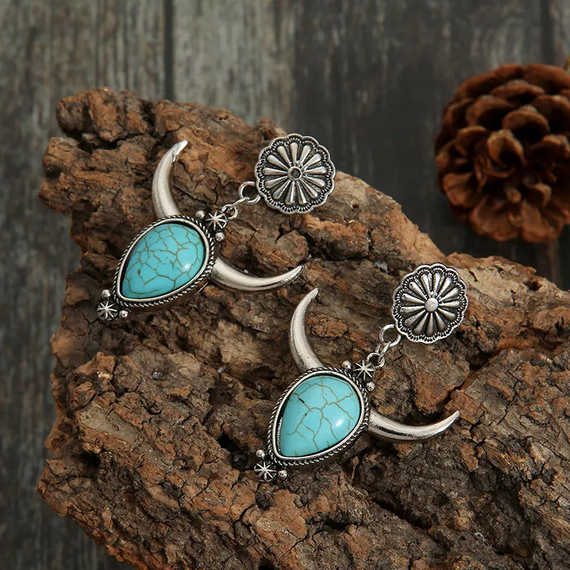 Artificial Turquoise Alloy Cow Head Earrings in Silver - women's earrings
