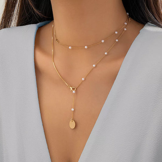 Elegant Gold-Tone Pearl Station Necklace with Coin Pendant in Gold - women's pendant necklace