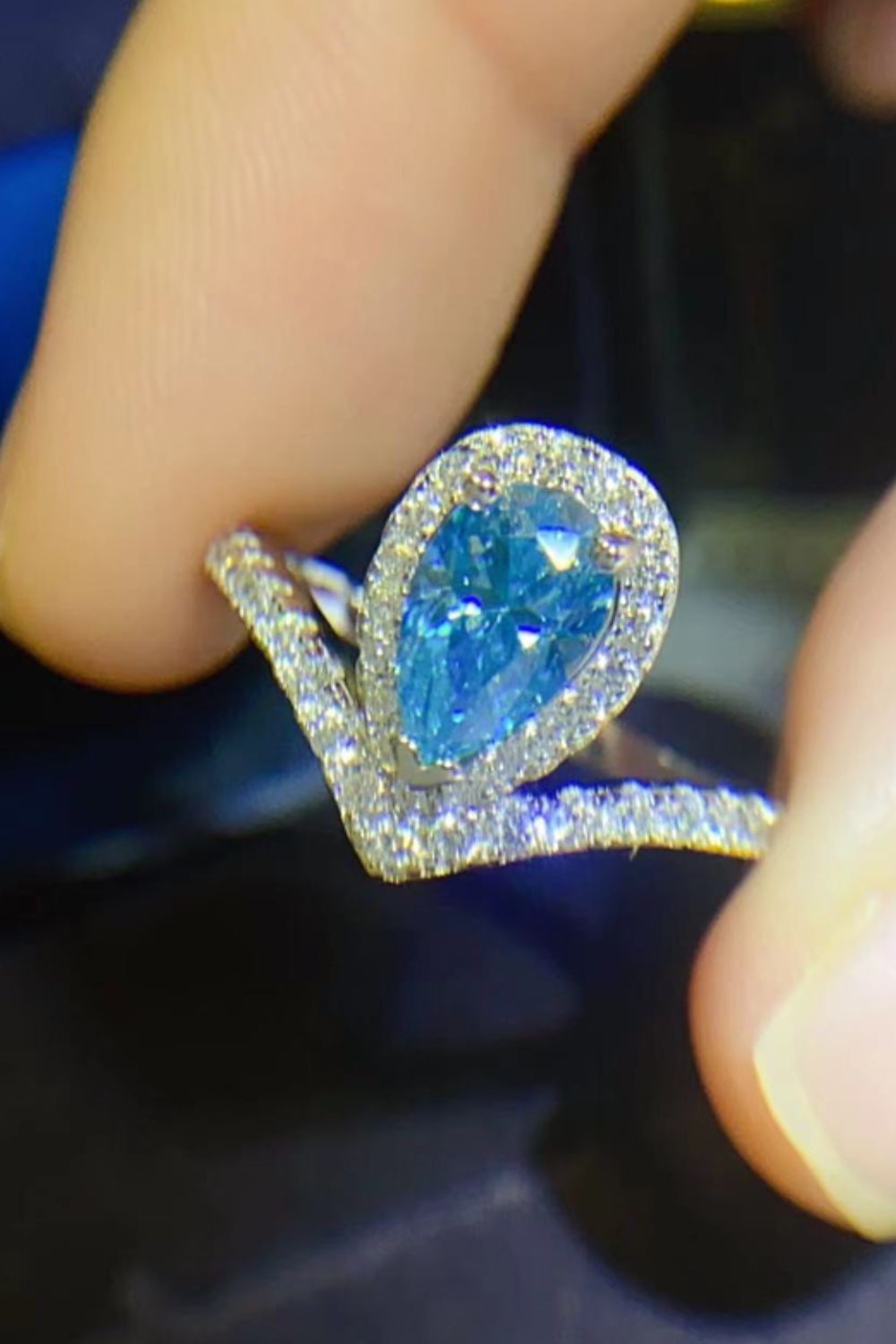 1 Carat Pear Shape Moissanite Heart Ring in Sky Blue - women's ring