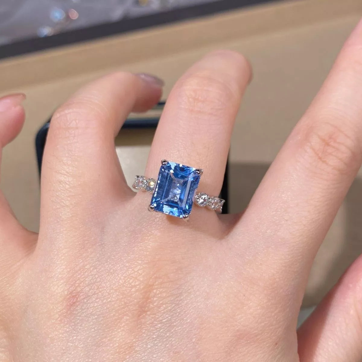 Sterling Silver Zircon Geometric Ring in Pastel Blue - women's ring