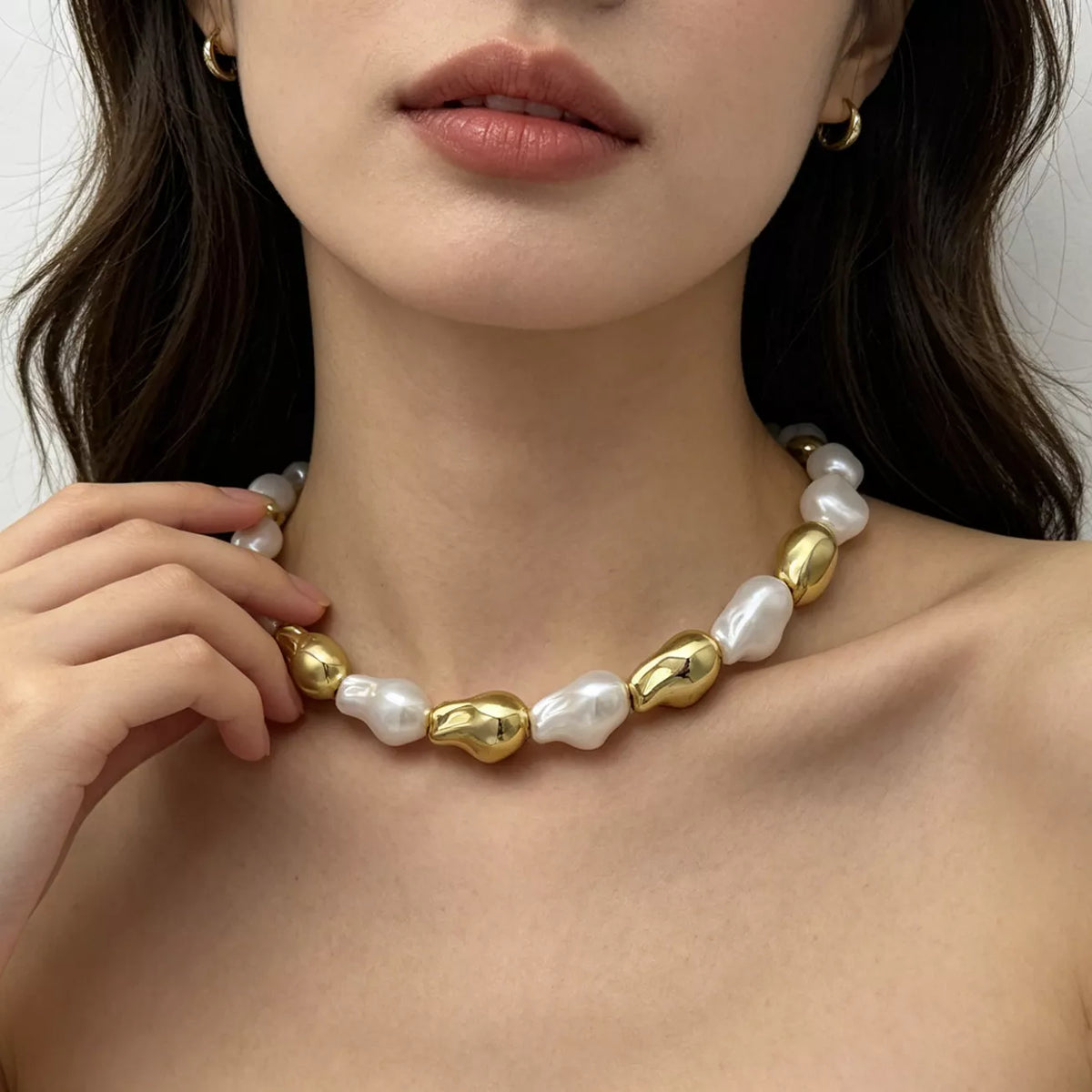 Chic Synthetic Pearl and Gold-Tone Metal Bead Statement Necklace in Gold - women's necklace