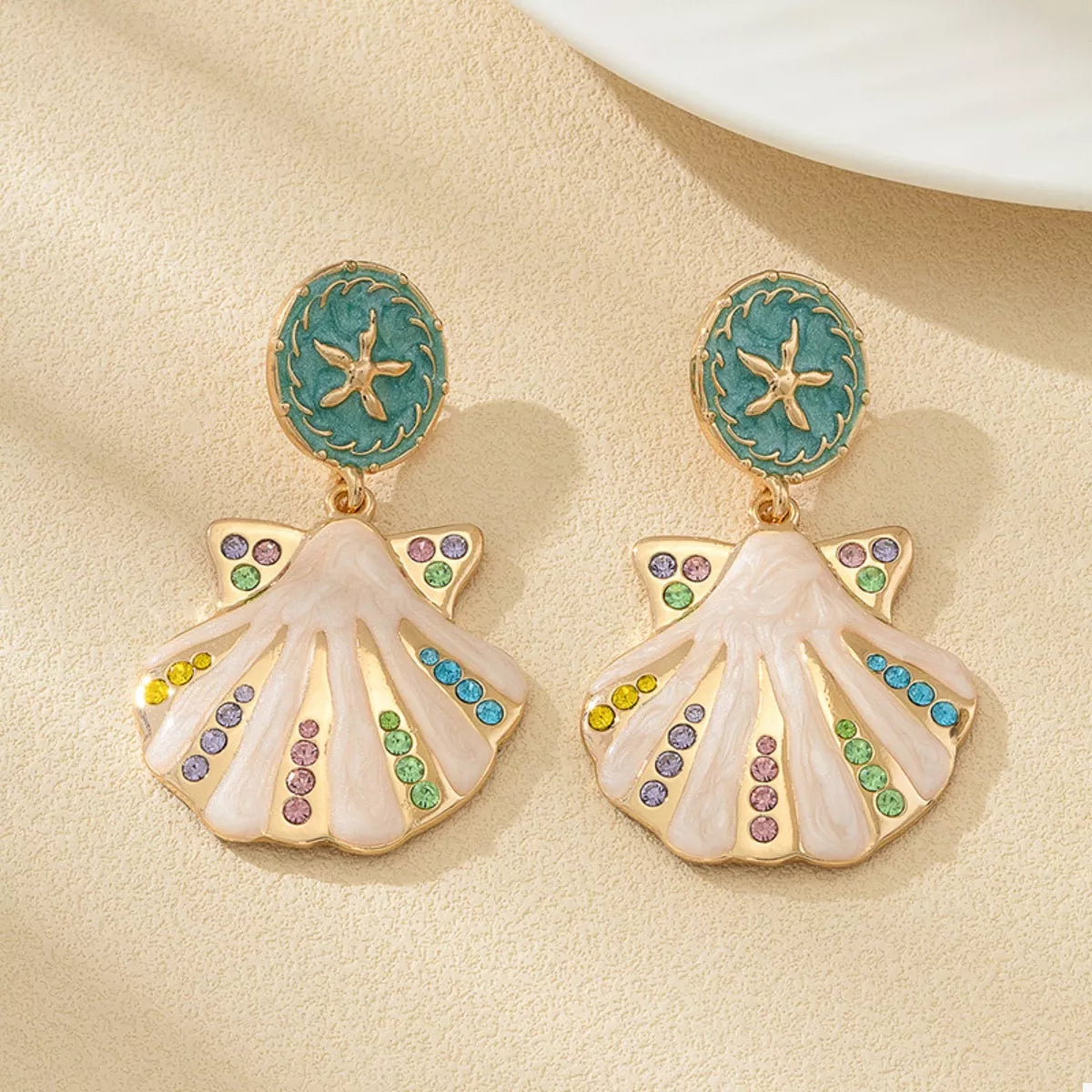 Rhinestone Shell Dangle Earrings in Gold - women's dangle earrings