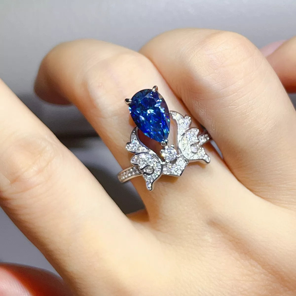 3 Carat Sterling Silver Moissanite Ring in Blue - women's ring