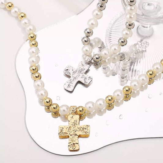 Pearl & Cross Pendant Necklace in Gold - women's pendant necklace
