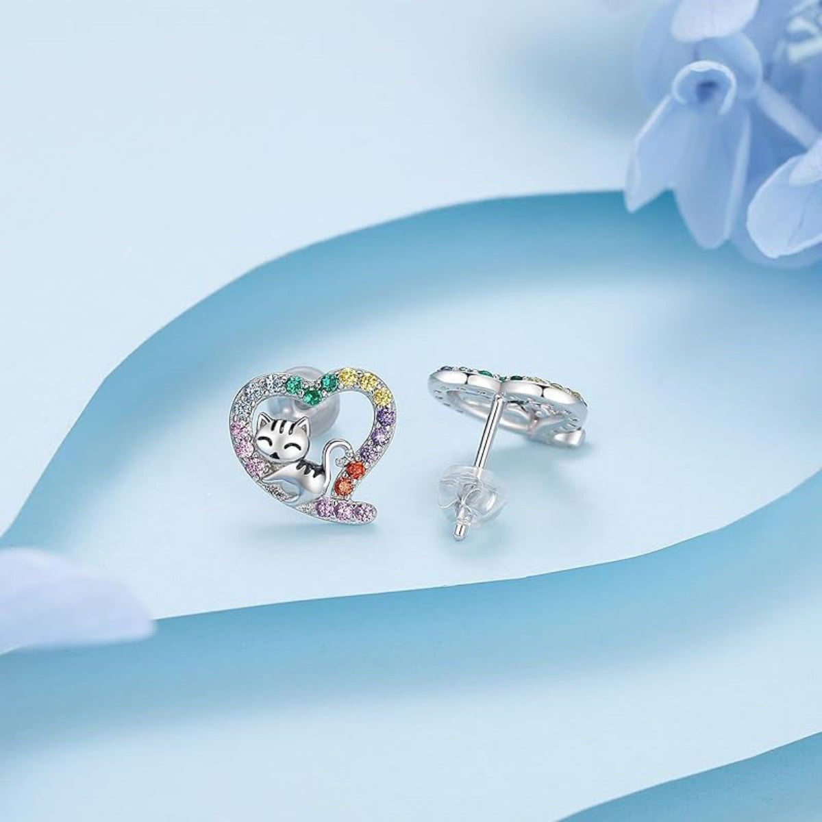 Sterling Silver Zircon Heart Stud Earrings in Silver - women's stud earrings