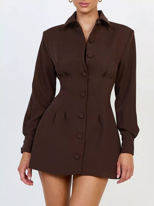 Corset-Style Button-Down Blazer Dress in Brown - Blossom's