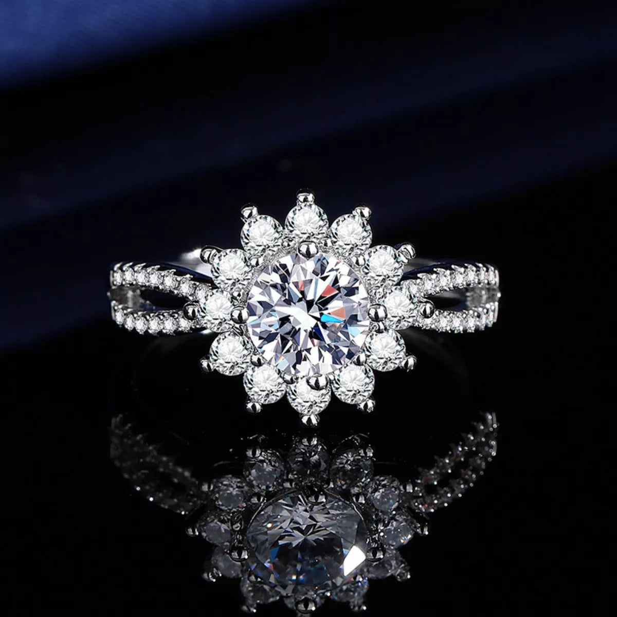 1 Carat Moissanite Sterling Silver Flower Ring - alternate ring view