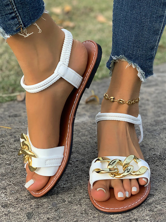 Chain Decor Flat Sandals in White - women's flat sandals