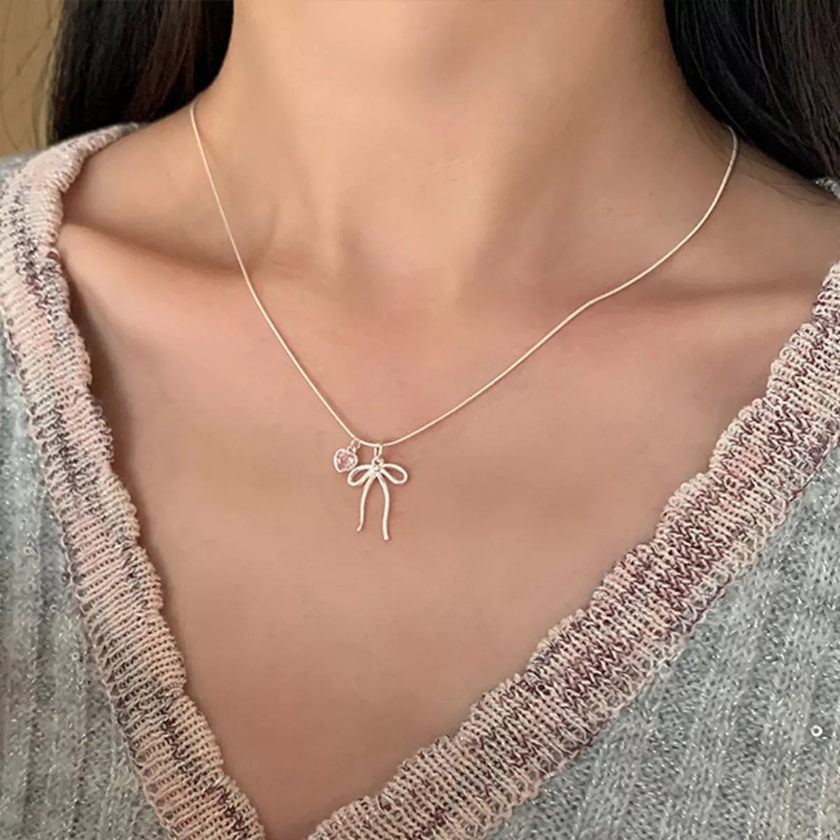 Bow & Heart Pendant Necklace - alternate necklace view