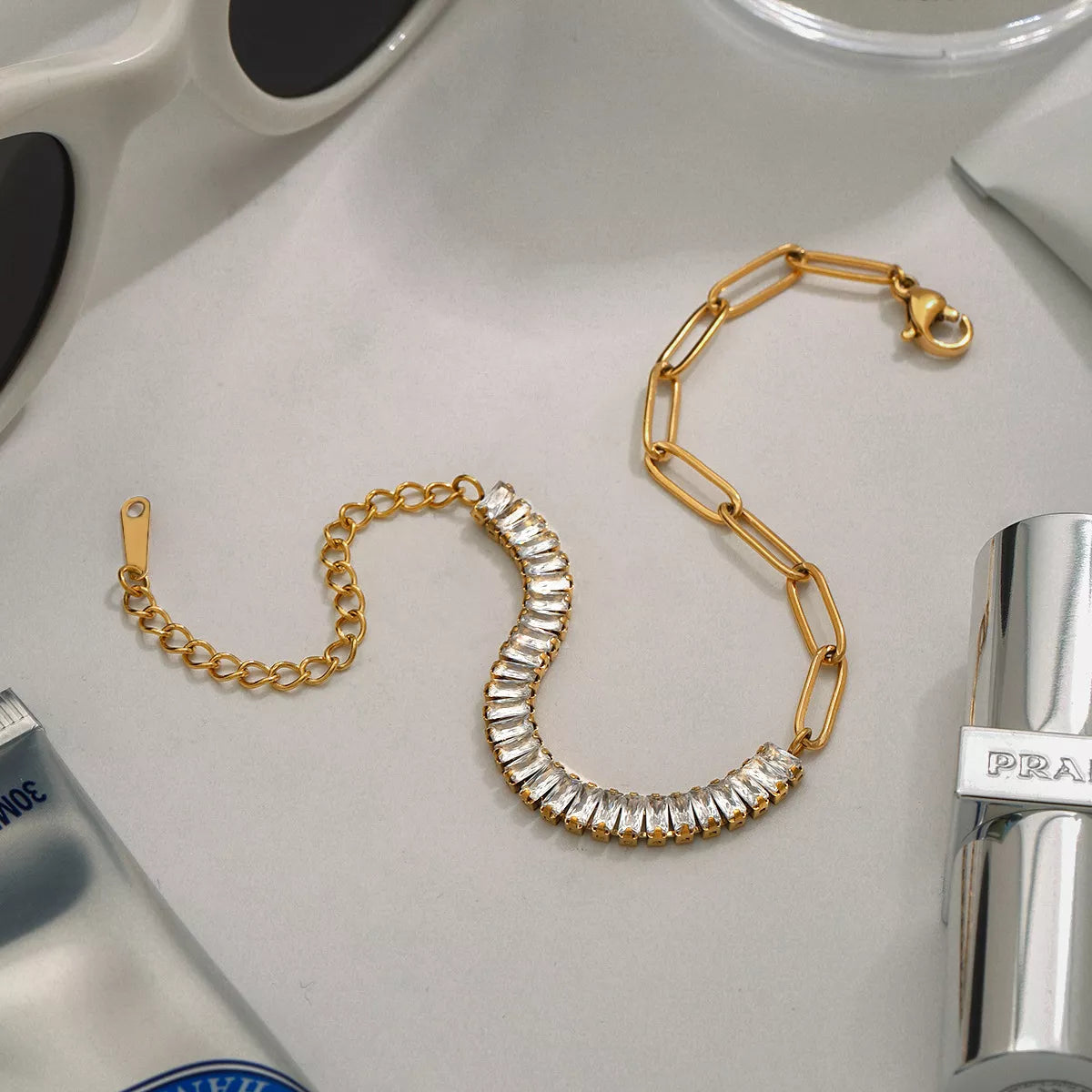18K Gold-Plated Stainless Steel Rhinestone Chain Bracelet in Style B - women's chain bracelet