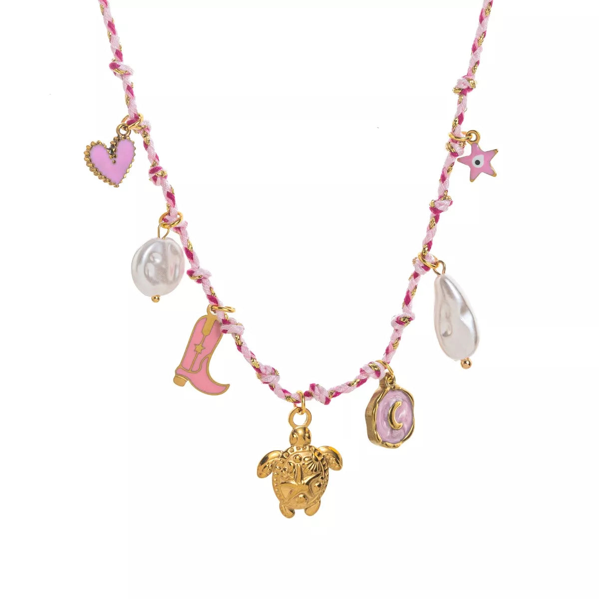 18K Gold-Plated Stainless Steel Charm Necklace in Hot Pink - women's necklace