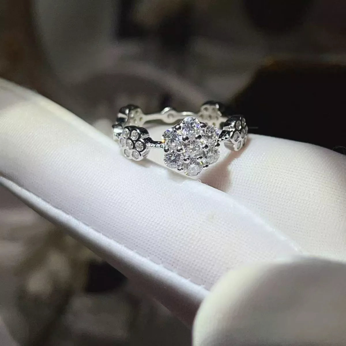 Sterling Silver Moissanite Flower Ring in Silver - women's ring