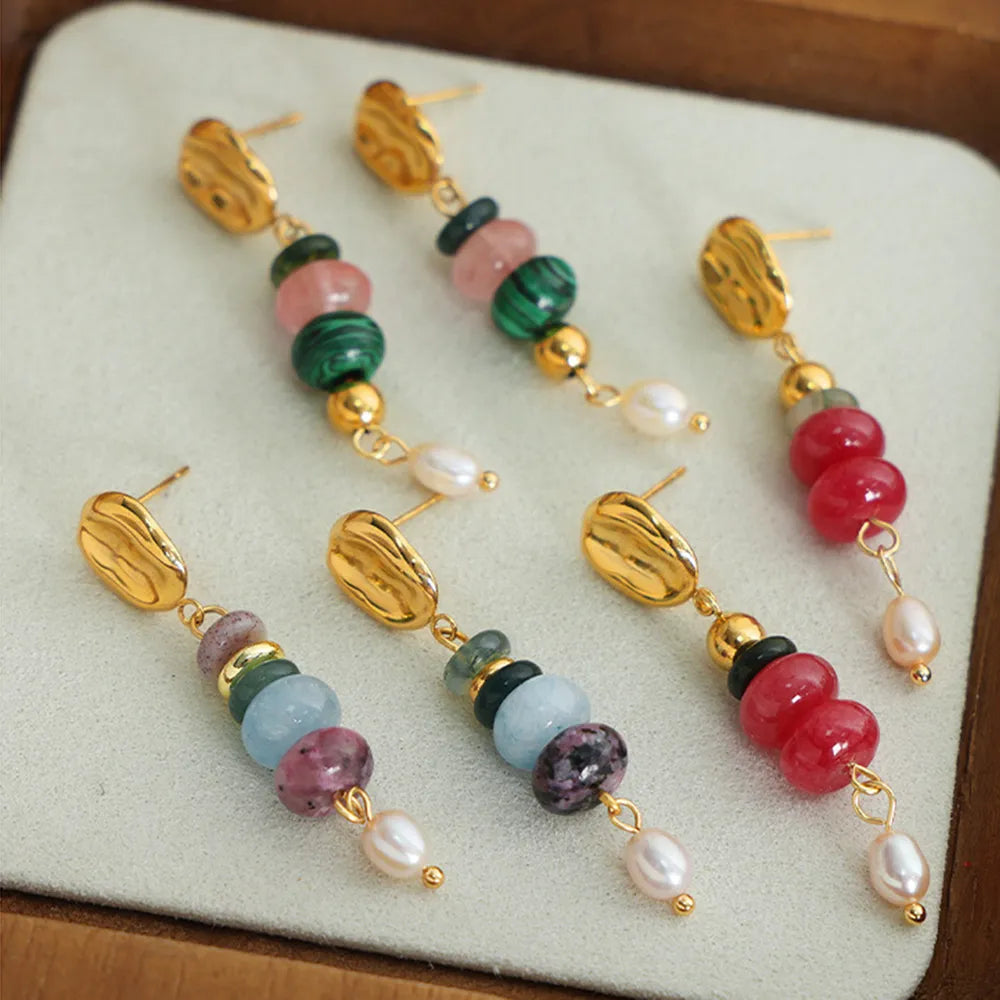 Natural Stone Freshwater Pearl Dangle Earrings - alternate earring view