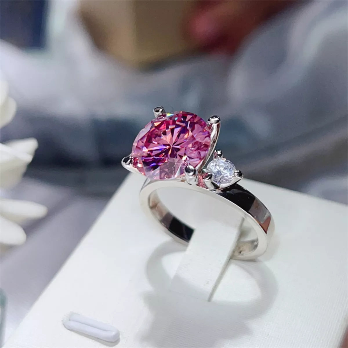 5 Carat Moissanite Sterling Silver Ring in Pink - women's ring