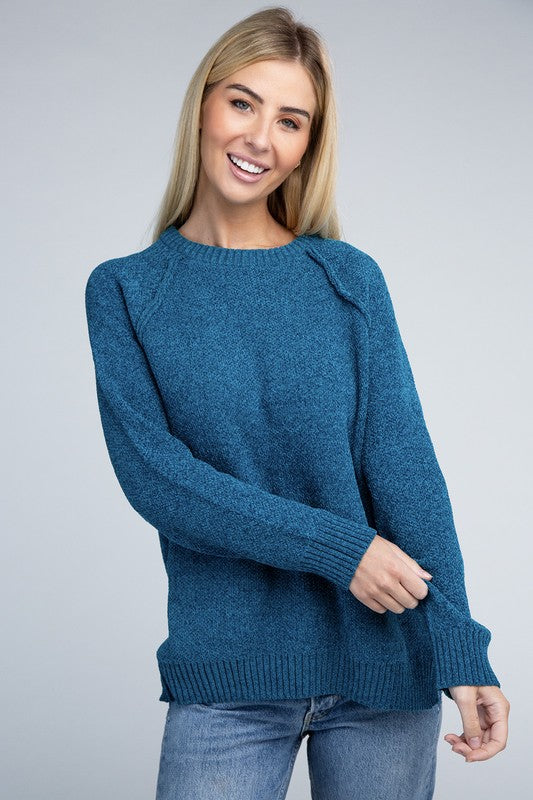 Chenille Side‑Slit Crew Sweater