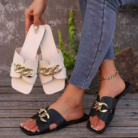 Chain Embellished Slide Sandals in White - women's slide sandals